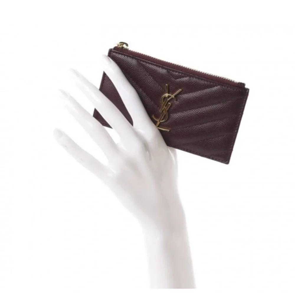 Yves Saint Laurent Burgundy Quilted Leather Card Case with Gold Logo - Picture 2 of 9